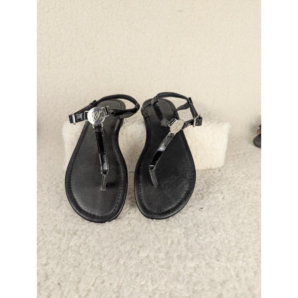 Ralph Lauren Sueanne Sandals Boys 5 Black Excellent Silver RL Logo Thong Flat